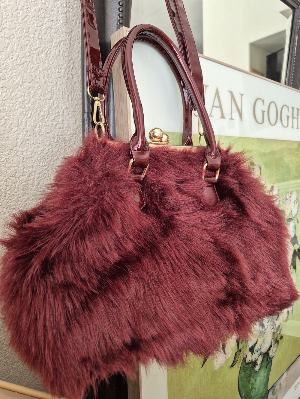 So Chic & Plush Faux Fur Burgundy Satchel Handbag